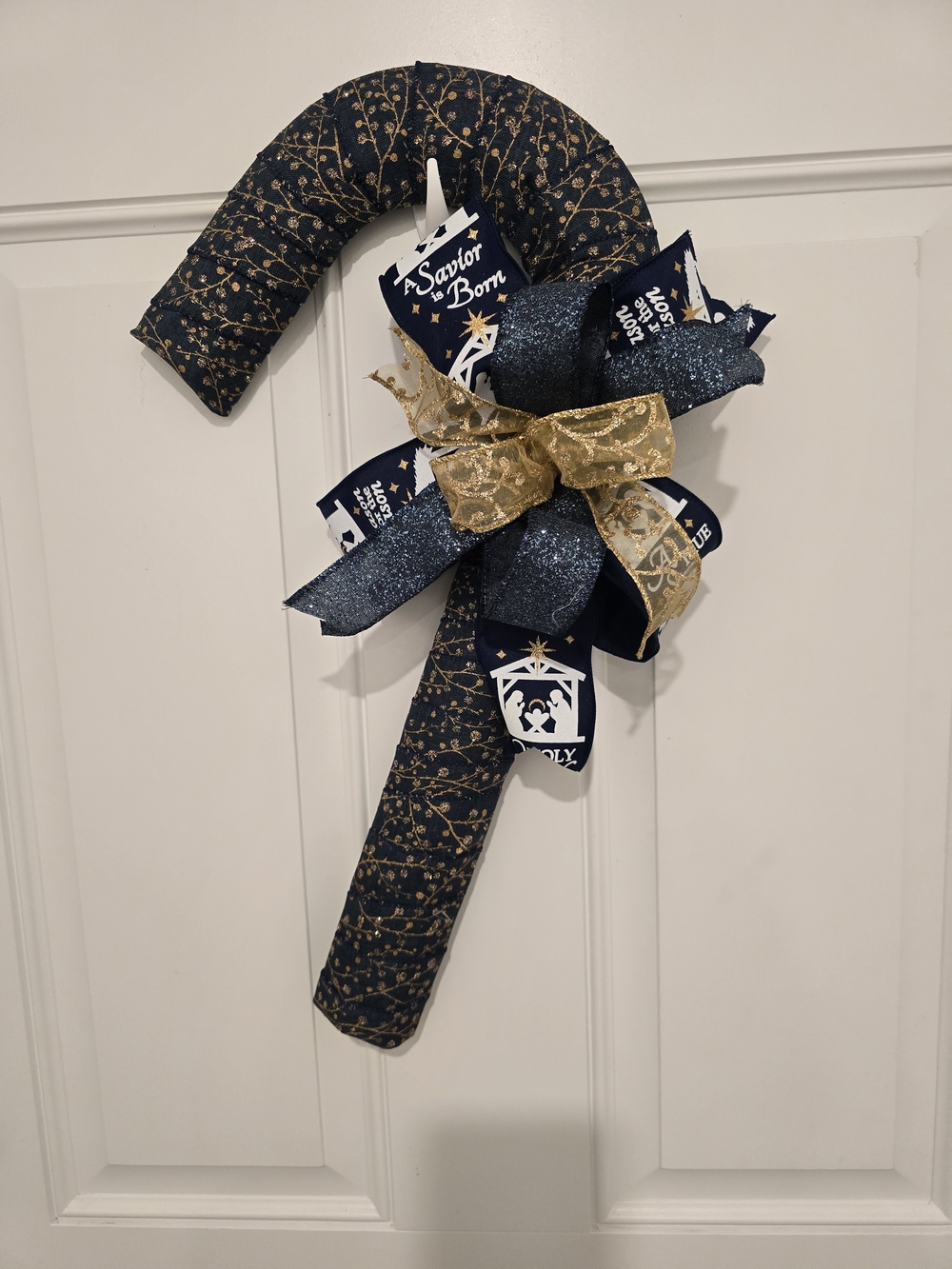 Holiday Candy Cane Door Decor in Navy and Gold - Jesus